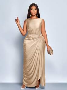 SOLERSUN Women's Plus Size Elegant Solid Color Pleated Hollow Out Fashion Metal Ring Buckle Niche Design Gathered Ruched Slit Sleeveless Long Maxi Dress Fall And Winter, Casual, Party, Bridesmaid, Halloween , Christmas, New Year's Eve, Holiday Clothing,Cocoon Wrap Design Dress,Graduation Dress,Elegant Dresses For Women,Fall Outfits Women,Winter Dresses For Womwen,New Year Look,Prom Dress,Brown Dress - Apricot - View 5