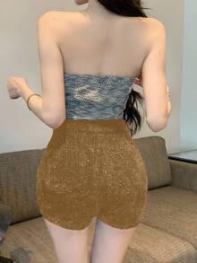 DAZY 女士纯色高腰亮片紧身短裤新年嘉年华女装 - 棕色 - 查看 5