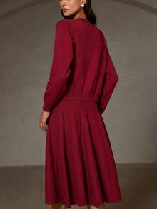 GENKIRA 2pcs Set: Solid Color Crew Neck Faux Pocket Cardigan & Pleated Maxi Skirt Sweater - Red - View 6