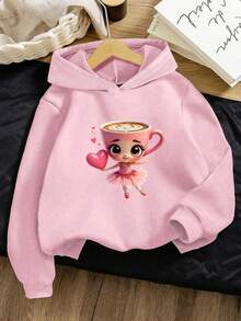 SHEIN 女童休闲可爱芭蕾舞女与咖啡杯卡通印花舒适套头卫衣，芭蕾舞女卡布奇诺粉色秋冬款 - 粉色 - 查看 4