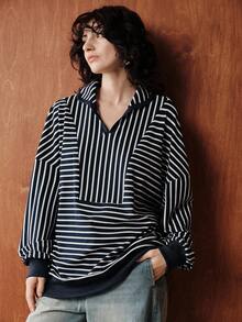 Uhlyne Uhlyne Women's Autumn/Winter Striped Drop Shoulder Long Sleeve Elegant Minimalist Sweatshirt - Blue and White - View 7