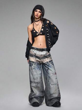 Grunge Punk Y2K Punk Kpop Street Destroyed Batik Mehrfach-Taillenbund Allover-Muster Weite Schlupfhose mit niedriger Taille