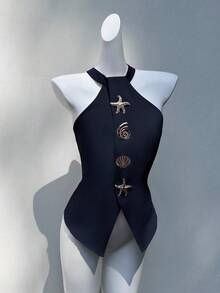 Glamine 休闲优雅无袖露背杏色编织无弹性金属扣女式衬衫秋季女装返校 - 藏蓝色 - 查看 2