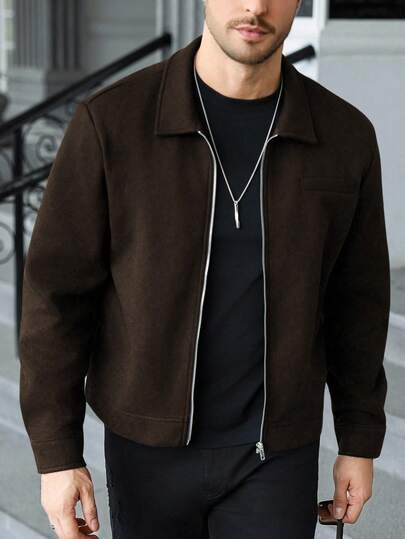 Manfinity CasualCool Men's Solid Color Minimalist Casual Long Sleeve Overcoat Men Zip Up Shirt Crop Jacket For Men Men Mocha Bomber Jacket Brown Cardigan Men Brown Jacket Men