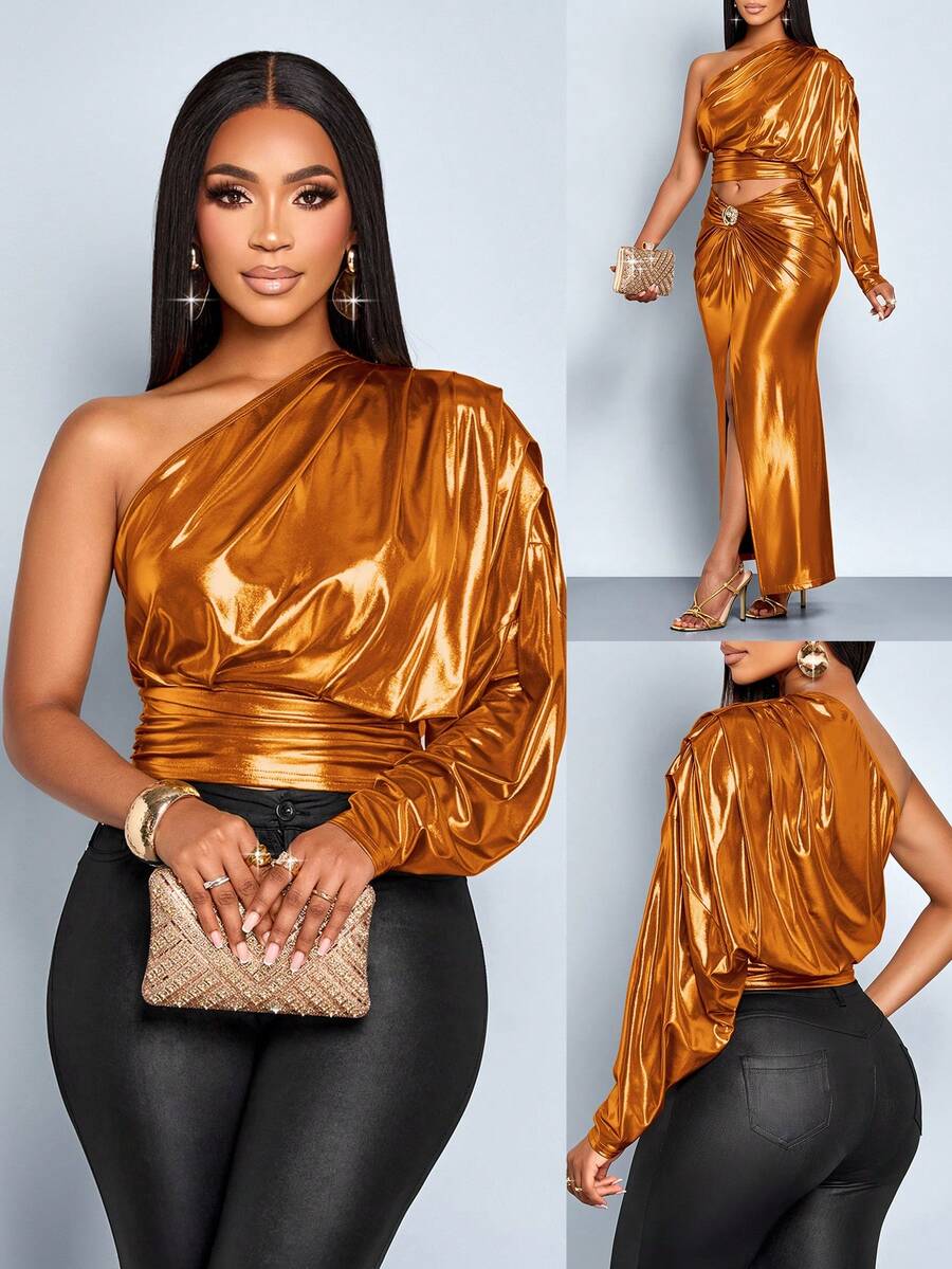 SOLERSUN " 女士单肩褶皱长袖衬衫，长袖上衣，适合派对上衣，音乐节上衣 " - 橘色 - 查看 1