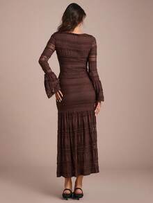 Enchnt 女士圆领喇叭袖蕾丝修身优雅连衣裙 - 棕色 - 查看 7