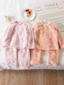 2件套少女可爱简约舒适针织圆领蓬松粉色长袖上衣和裤子睡衣套装带蝴蝶结图案 - 藕粉色 - 查看 3