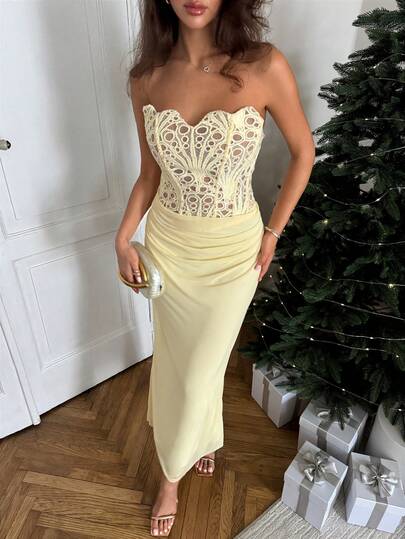 Aloruh Ny krämgul axelbandslös asymmetrisk klänning för kvinnor, lämplig för dejter, fester, eftermiddagste