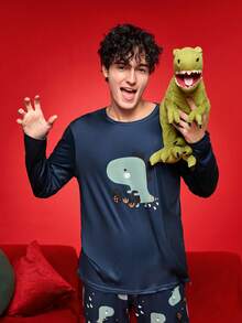 SHEIN Dinosaur Men's Loungewear Set,Long Sleeve Top And Long Pants,Printed Round Neck Knit Winter Christmas Clothes,Navy Blue,Autumn,Casual,Home - Navy Blue - View 4
