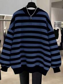 EMERY ROSE 新品畅销常规版型女式加大码条纹圆领运动衫 - 藍色 - 查看 1