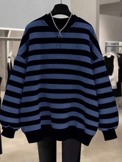 EMERY ROSE Nueva llegada Bestselling Sudadera de cuello redondo a rayas de ajuste regular para mujer de talla grande