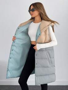 SHEIN Cottnline Woman 2 Colored Block Color Sleeveless Padded Drawstring Detailed Hoody Neck Front Snap Button Up Midi Length Winter Coat Casual - Multicolor - View 6