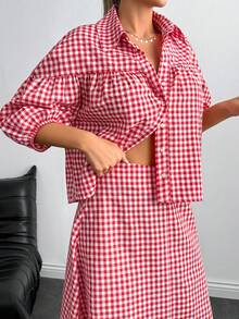 SHEIN Cottnline 女士两件套格纹衬衫和裙子套装 - 紅色 - 查看 3