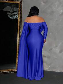 Maweii Plus Size Solid Color Off Shoulder Long Sleeve Fitted Midi Dress - Royal Blue - View 3