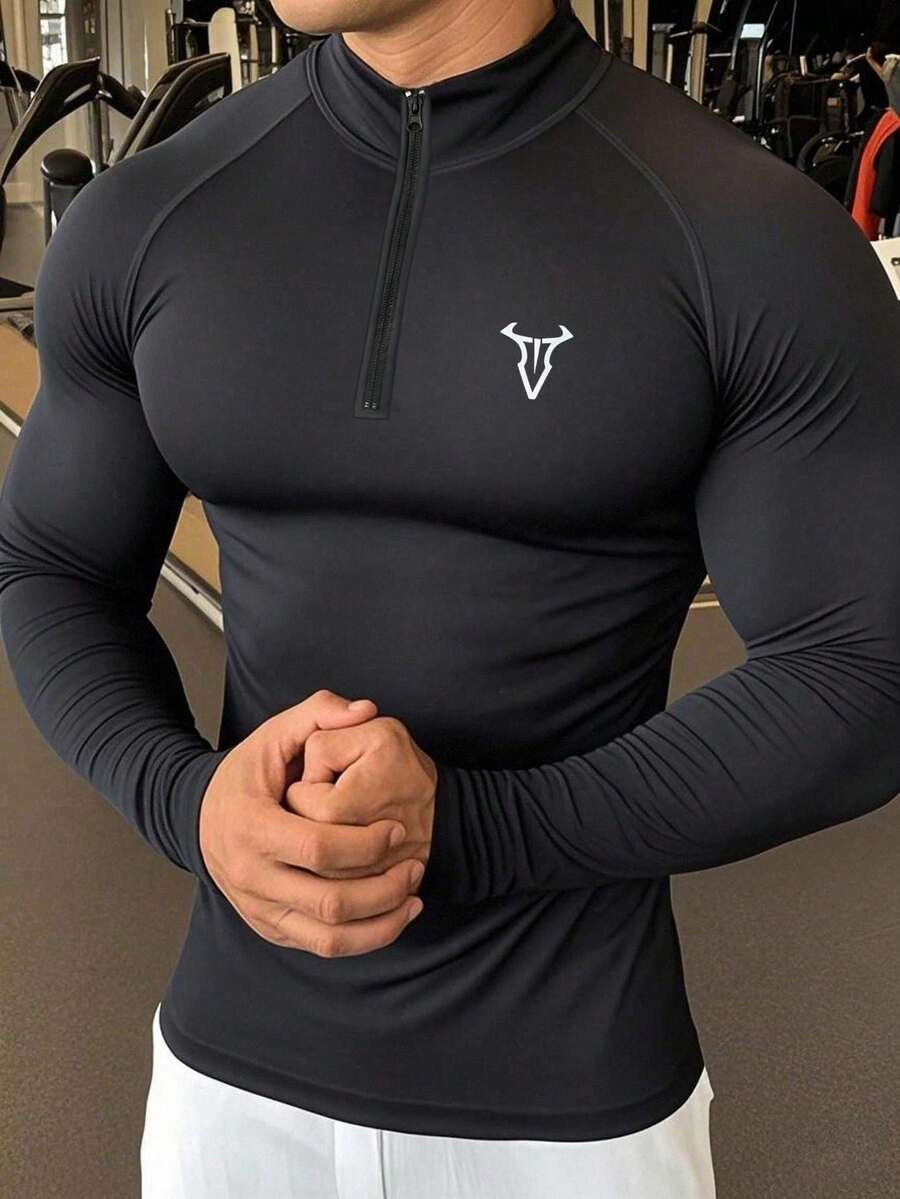 GymBeat 男士印花半拉链前开襟插肩长袖运动T恤健身上衣男士压缩上衣健身长袖上衣男士压缩衬衫 - 黑色 - 查看 1