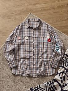 Manfinity VCAY Men's Autumn Plaid Letter Print Long Sleeve Single-Breasted Casual Pocket Shirt - Khaki - View 1