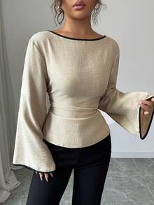 Siren Gaze Women's Round Neck Ruffle Cuff Flare Sleeve Pleated Fashion Blouse Winter Casual Spring