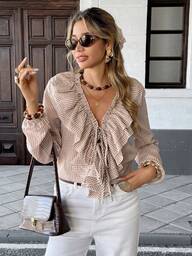 Serisse Blusa feminina vintage francesa com estampa xadrez em seersucker, camisa marrom, camisa cáqui, blusa marrom, para sair, blusa elegante feminina, feminina elegante, feminina para o outono, feminina para o Natal, feminina para o Halloween, feminina para o outono, feminina para o inverno, feminina para o trabalho casual, feminina elegante, blusa com babados para o inverno para mulheres