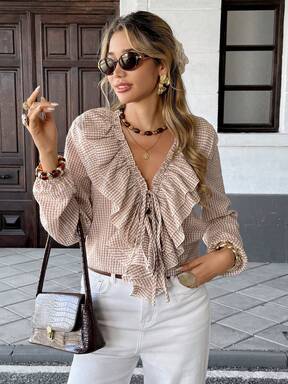 Serisse Blusa feminina vintage francesa com estampa xadrez em seersucker, camisa marrom, camisa cáqui, blusa marrom, para sair, blusa elegante feminina, feminina elegante, feminina para o outono, feminina para o Natal, feminina para o Halloween, feminina para o outono, feminina para o inverno, feminina para o trabalho casual, feminina elegante, blusa com babados para o inverno para mulheres