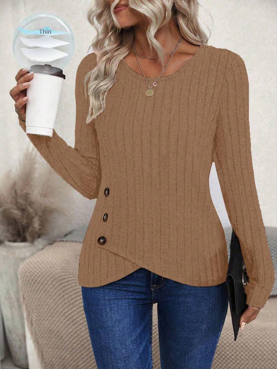 SHEIN LUNE Women's Basic Solid Color Ribbed Long Sleeve T-Shirt, Casual Everyday Wear - Khaki - View 1