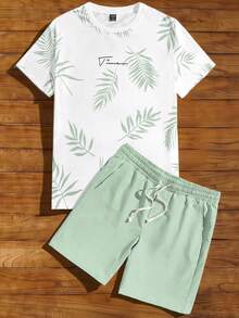 Manfinity NXTstreet Men Tropical Print Tee & Drawstring Waist Shorts Summer Outfit, Cozy Outfits - Mint Green - View 1