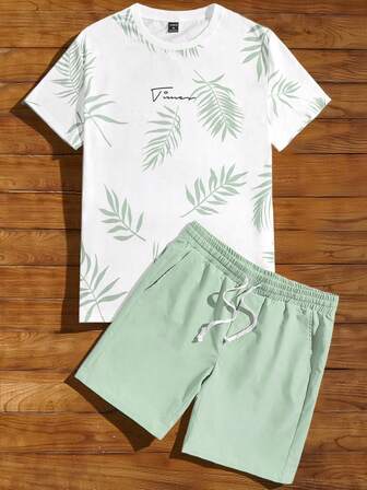 Conjunto de verano de camiseta con estampado tropical y pantalón corto con cordón en la cintura para hombre, atuendo cómodo