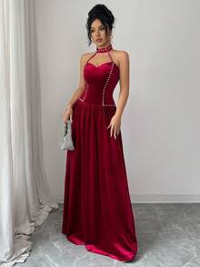 SHEIN Elenzya 无袖细肩带腰部收紧珍珠装饰 A 字形天鹅绒优雅浪漫精致女士派对礼服，适合聚会、派对、圣诞节 - 紅色 - 查看 6