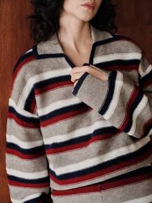 Franclia Set de două piese pentru femei, minimalist, casual, versatil, cu dungi, decolteu în V, tricotat, top și pantaloni, pulover elegant tricotat cu mânecă lungă și umeri căzuți, cu manșete crăpate