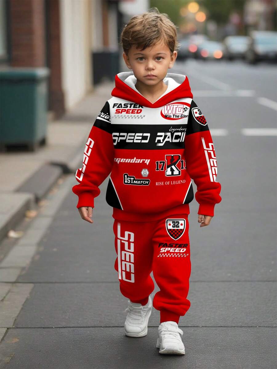 SHEIN 2 件套年轻男孩宽松运动简约舒适经典赛车文化“No.1”速度图形印花长袖连帽衫运动衫