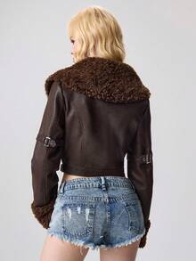ROMWE EDITION Chaqueta de motociclista sexy Y2K para mujer, chaqueta corta de motocicleta con parches de piel sintética y ante - Marrón - Ver 3