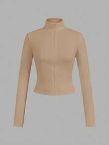 SHEIN EZwear 2 件棕色和卡其色针织拉链长袖 T 恤女士款，适合春秋季 - 彩色 - 查看 9