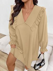 EMERY ROSE Vestido holgado de mujer talla grande con cuello Peter Pan, mangas con volantes y unicolor elegante, romántico y lindo, para primavera/otoño - Albaricoque - Ver 3