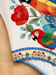 Soleia New Vacation Knit Printed Asymmetrical Shoulder Bowknot Bodysuit For Women - Multicolor - View 7