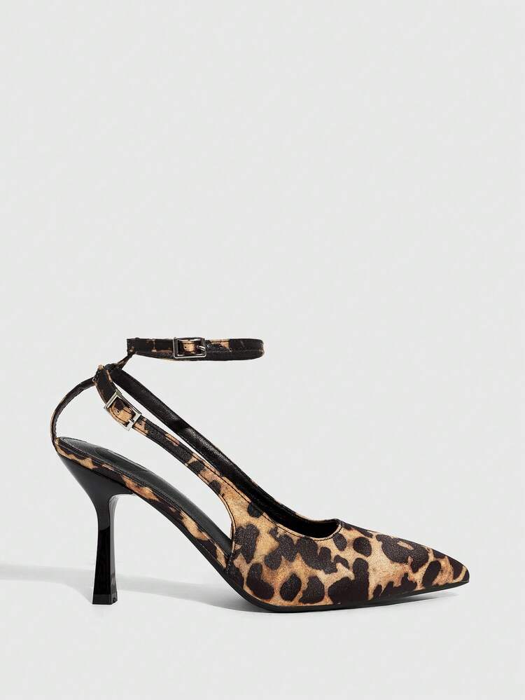 CUCCOO SZL Pointed Toe Leopard Print Ankle Strap Sexy High Heel Party Pumps Spring Shoes