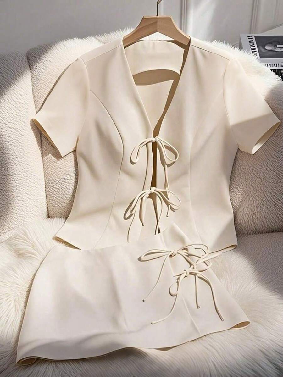 Franclia 2pcs Set Women Summer Casual/Office Solid Color Short Sleeve Shirt And Mini Skirt Set