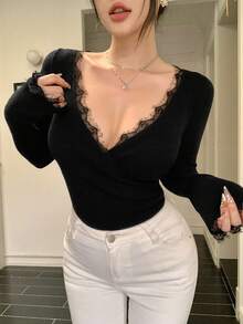 DAZY Women's V-Neck Lace Patchwork Slim Fit Long Sleeve Casual Sexy Sweater Fall - Black - View 5