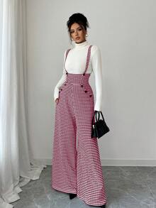 Elenzga Bộ đồ liền thân thường ngày có túi thiết kế nút Houndstooth dành cho nữ - Màu Đỏ Sâu - Xem 5