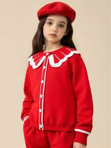 Elladie kids 年轻女孩优雅黑色珍珠装饰领毛衣 + 阔腿裤套装，柔软针织面料适合日常、外出、旅行、度假、居家、日托、学校、派对穿着 - 紅色 - 查看 5