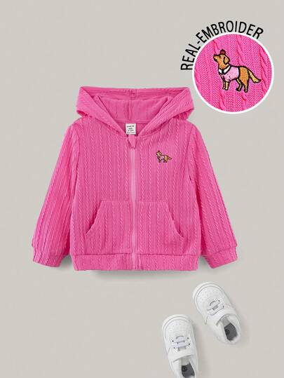 PrepCrw 1 件女婴优雅都市校园可爱小狗装饰拉链前连帽夹克，适合日常休闲、郊游、聚会、派对、夏季