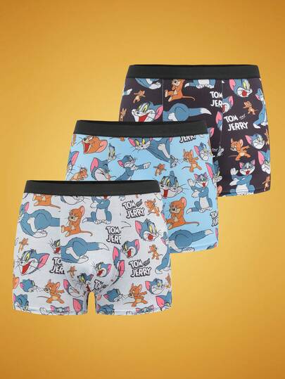 TOM & JERRY X SHEIN 3pcs Men's Cartoon Letter Print Contrast Waist Comfortable Boxer Briefs Cute Boxers Men Boxers Pack Graphic Boxers
