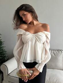 Aloruh Women's  Fall/Winter Elegant Off Shoulder Organza Blouse,Elegant Women's Blouses,Elegant Blouses For Women,White Blouse - Apricot - View 4