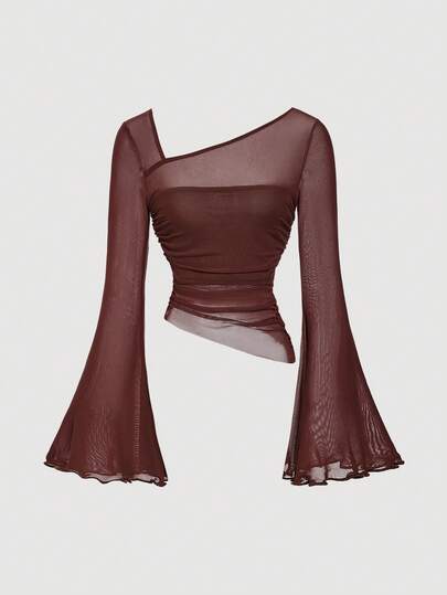 SHEIN MOD ملابس علوية نسائية بأكمام ضيقة وواسعة من الشبك البني