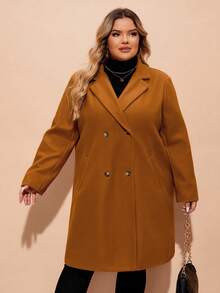 SHEIN CURVE+ 曲线加大翻领双排扣大衣 - 巧克力棕 - 查看 3