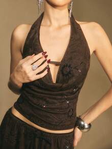 Poéselle 女式低胸亮片设计性感短款露背衬衫