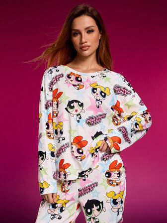 THE POWERPUFF GIRLS X SHEIN Women's Cartoon Blossom, Bubbles, Buttercup Pattern Loose Fit Drop Shoulder Long Sleeve Top And Pants Pajama Set, Spring/Autumn, Fall & Winter Clothes