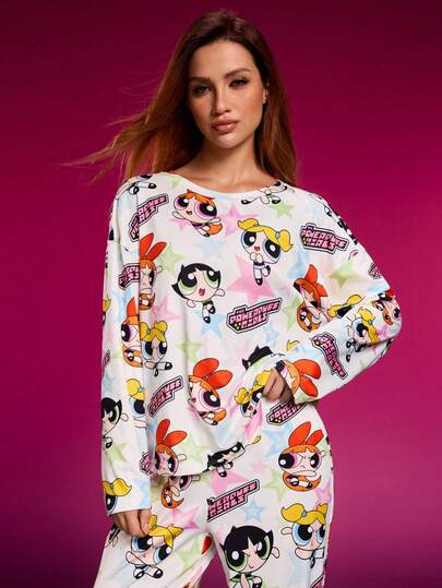 THE POWERPUFF GIRLS X SHEIN Women's Cartoon Blossom, Bubbles, Buttercup Pattern Loose Fit Drop Shoulder Long Sleeve Top And Pants Pajama Set, Spring/Autumn