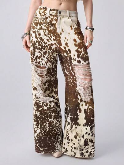 J-Fashion Y2K Retro Cow Print Washed Loose Wide Leg Jeans For Women