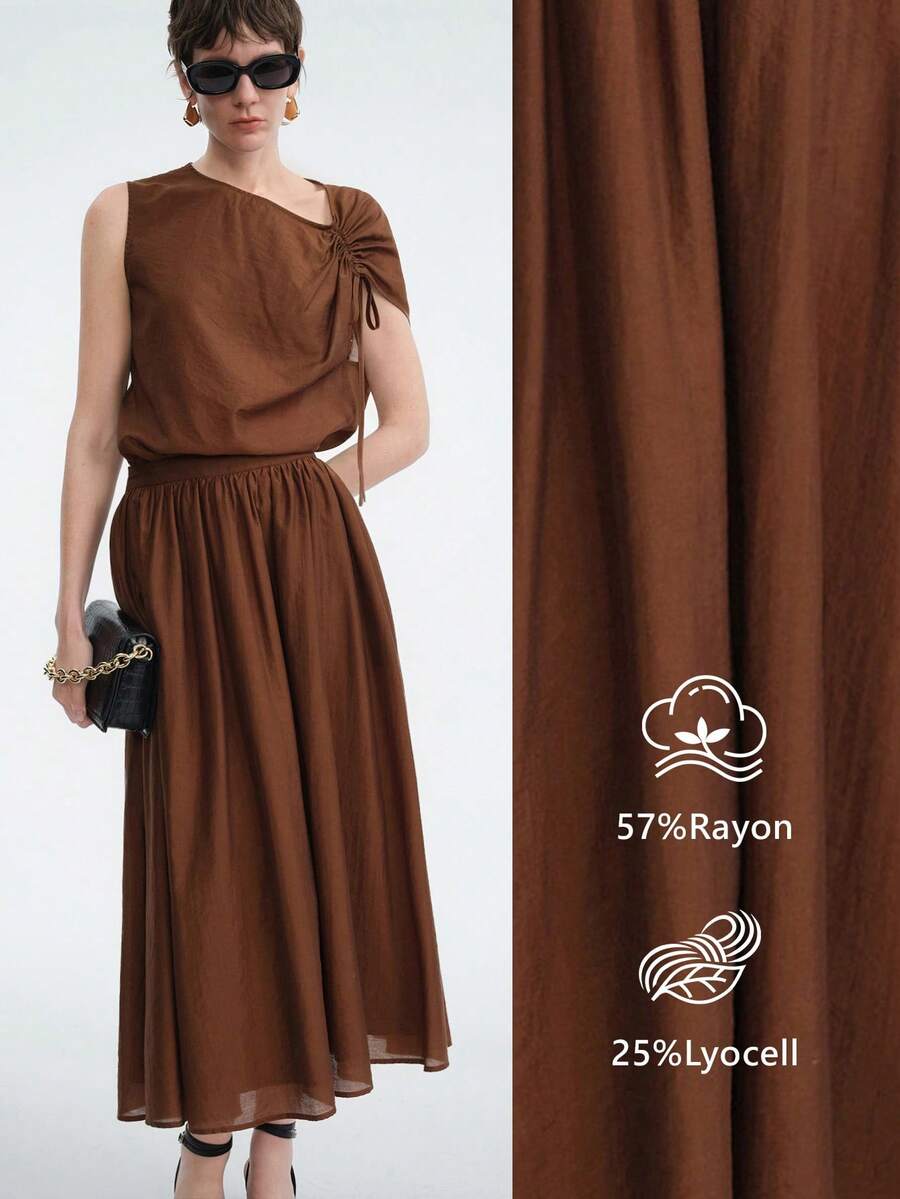 Aalyst Women's Elegant French Style Simple High-End Workwear Casual & Holiday Solid Color Semi-Sheer Viscose-Like Fabric Asymmetrical Tie Bow Sleeveless Shirt + High-Waisted Pleated Pocket Maxi Skirt Suit, Spring/Summer - Coffee Brown - View 1