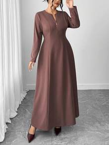 Elenzga 大码优雅束腰连衣裙，时尚简约设计，百搭秋冬 - 棕色 - 查看 6