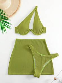 Swim SXY Summer Beach Rib Underwire Bikini Set With Beach Skirt - Lime Green - View 5